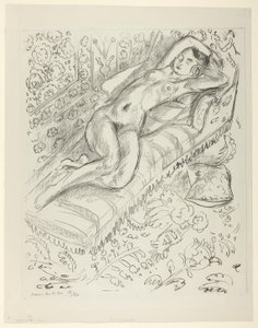 Naken person vilande på en schäslong med mashrabiya-bakgrund av Henri Matisse