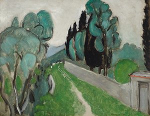 Paysage avec cyprès et oliviers aux environs de Nice, ca 1918 (olja på pannå nedlagd på pannå)