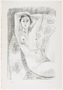 Sittande naken i fåtölj med blomdekoration av Henri Matisse