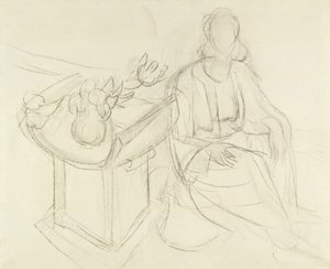 Sittande kvinna - Stilleben med blommor på ett bord (kol på duk) av Henri Matisse