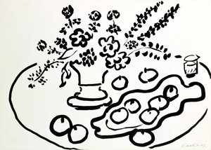Stilleben med vas med blommor och tallrik med frukt av Henri Matisse