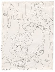 Kvinna sittande vid ett bord med frukt och kanna av Henri Matisse