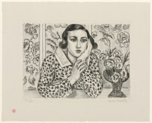 Ung flicka lutar sig mot blommig skärm av Henri Matisse