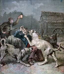 En brottsling attackerad av tre stora hundar, 1891 av Henri Meyer