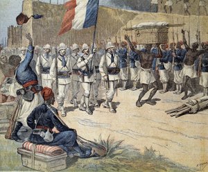 I Dahomey (nu Benin): införande av den franska flaggan på Abomey - i "" Le Petit Journal"" av 1892-12-10 av Henri Meyer