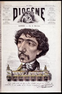 Tecknad serie av Charles Garnier, sittande på hans verk, Opera Garnier - i "" Diogenes"" från 1867-11-02 av Henri Meyer