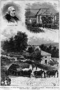 Leon Gambettas död (1838-1882) fransk politiker - Leon Gambettas begravning i Nice - Nice tågstation - processionens avgång - i "" Le journal illustrious"" från 1883 - Teckning av Henri Meyer (1844-1899) av Henri Meyer