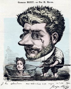Georges Bizet (1838-1875), fransk kompositör - karikatyr, med autograf av Bizet, av Henri Meyer dit Reyem (1844-1899) för "" Diogene"" av Henri Meyer