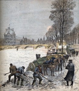 Paris under snön 1895 Liten tidning från 1895 (gravyr) av Henri Meyer