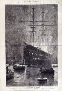 Katastrofen i Toulon: elden från flaggskeppet "" Le Magenta"" - i "" Le Journal Illustrousse"" 1875 av Henri Meyer