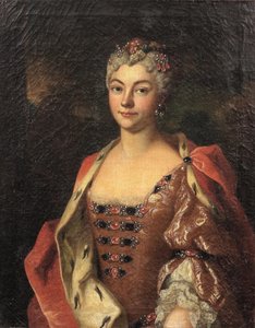 Porträtt av en adelsdam, halvfigur, i rosa klänning och hermelinkantad mantel av Henri Millot