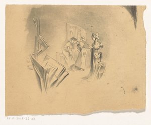 Tre kvinnor tittar på tryck i en studio av Henri Patrice Dillon (possibly)