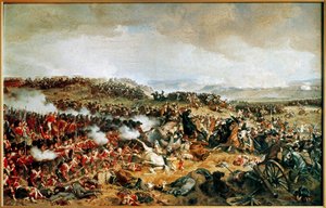 Slaget vid Waterloo 1815 - Franska cuirassiers anfaller skotska högländare i Square ... (målning på duk)