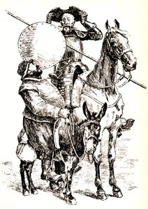 Don Quijote på sin häst, bredvid Sancho på sin åsna