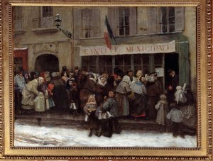 Kommunal matsal under belägringen av Paris 1870 Parisare myller framför en kommunal matsal vid tiden för preussarnas belägring av staden. Målning av Henri Pille (1844-1897)