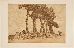 Alte Frau mit einem Bündel nahe einer Baumreihe av Henri Rivière