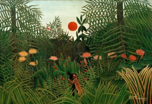 Urskog vid solnedgången. Svart attackerad av en leopa av Henri Rousseau