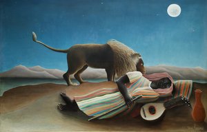 Franska:  La Bohémienne endormie Den sovande zigenaren av Henri Rousseau