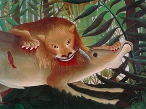Lejonet, hungrigt, kastar sig över antilopen av Henri Rousseau