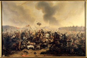 Slaget begicks av sultan Kilij-Arslan mot korsfararna som belägrade staden Nicaea 1097. Målning av Henri Serrur