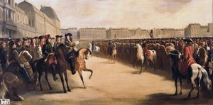 Tsar Peter I den store av Ryssland (1672-1725) åtföljd av regenten Filip II hertig av Orleans (1674-1723) under hans besök i Frankrike granskar de beridna trupperna vid Tuilerierna (Paris) den 16/06/1717 av Henri Serrur