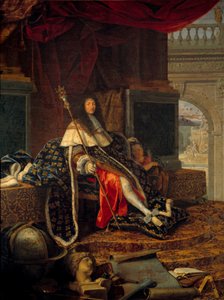 Porträtt av Ludvig XIV (1638 - 1715) kung av Frankrike, beskyddare av Royal Academy of Painting and Sculpture, med Charles V dit de Charlemagnes spira. Målning av Henri Testelin (1616-1695)
