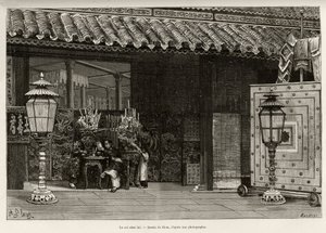 Kung Dong Khanh (1864-1889) Kejsare av Annam, hem i den kejserliga staden Hue (Vietnam). Gravyr av Thiriat, för att illustrera berättelsen "" Trente mois au Tonkin"" av Dr Charles Edouard Hocquard (1853-1911), 1885, i Le tour du monde, nouveau journal de