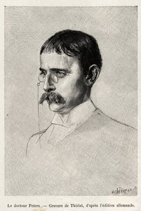 Porträtt av Dr Carl Peters (1856-1918) tysk upptäcktsresande. Gravyr av Thiriat för att illustrera berättelsen "" Au secours d