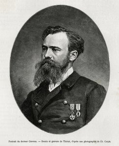 Porträtt av Dr Jules Nicolas Crevaux (1847-1882), läkare och upptäcktsresande i Sydamerika (från Franska Guyana till Argentina), han var mycket intresserad av studiet av moral och historien om de befolkningar han mötte under sina resor, han redierade många av Henri Thiriat