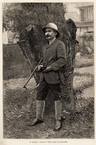 Porträtt av Henri Coudreau (1859-1899), professor i geografi och utforskare av Amazonas (Brasilien). Gravyr av Thiriat för att illustrera historien "" bland våra indianer, fyra års resa i Franska Guyana ""