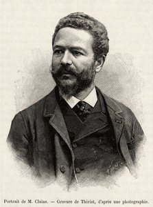 Porträtt av Jules Claine (1856-1939), upptäcktsresande och diplomat, författare till berättelsen. Gravyr av Thiriat för att illustrera historien "" ett år i Malaysia", av Jules Claine (1856-1939)