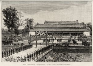 Högtidlig audiens gavs av kung Dong Khanh (1864-1889) kejsaren av Annam till representanter för Frankrike i den kejserliga staden Hue (Vietnam). Gravyr av Thiriat, för att illustrera berättelsen "" Trente mois au Tonkin"" av Dr Charles Edouard Hocquard (18