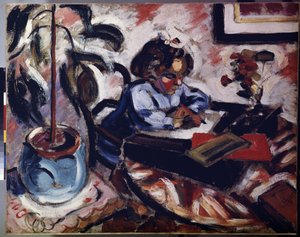 ""La petite ecoliere"" (En liten skolflicka) Liten flicka gör sina skolläxor. Målning av Henri Victor Gabriel Le Fauconnier (1881-1946) 1907 Mått 73x92 cm Eremitagemuseet, Sankt Petersburg (Saint-Petersburg)