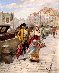 Gentleman och Flower Girl nära bokstånd vid Seine, av Henri-Victor Lesur