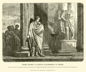 Julius Caesar framför en staty av Alexander den store i Spanien, och beklagade omfattningen av hans prestationer jämfört med att Alexander hade nått samma ålder som hans död, c67 f.Kr. (gravyr)