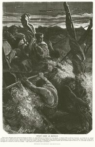 Julius Caesar, förklädd till slav, avslöjar sin identitet för besättningen på en båt som hamnat i en storm när han korsade Adriatiska havet, 48 f.Kr. (gravyr)