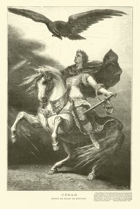 Julius Caesar till häst med en kejserlig örn ovanför sig (gravyr)
