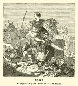 Julius Caesar räddade livet på en soldat vid belägringen av Mytilene, Lesbos, Grekland, 81 f.Kr. (gravyr)