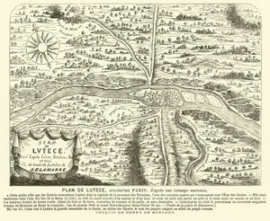 Plan över den romerska staden Lutetia, platsen för det moderna Paris (gravyr)