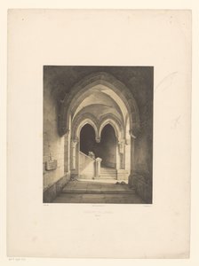 Interiör av ett kloster med två munkar i bakgrunden Couvent de Carmes, Rouen (titel på objekt) av Henri de Boug d