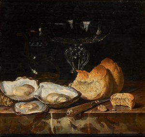 Stilleben med ostron, bröd och venetianskt vinglas, 1661. av Henri de Fromantiou