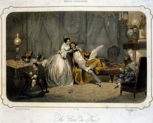 Borgerlig familj vilar i vardagsrummet - litografi, v.1820.