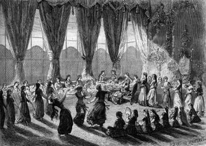 Mottagande av europeiska damer i Kairos serail av Egyptens vice drottning. Tjejerna tar med sig disken medan musiker och dansare framför showen. 1800-talet. Gravyr av Henri de Montaut i ""The Illustrous World"" nr 320 av 30 maj 1863.