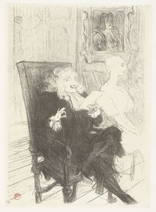 Skådespelare Jules Charles Truffier som Marguerite Moreno i toneelstuk Learned Women Truffier och Moreno i Learned Women av Henri de Toulouse Lautrec