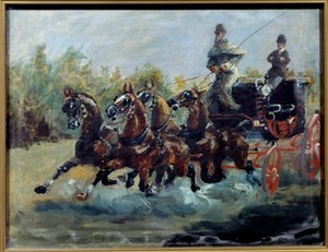 Alphonse från Toulouse Lautrec kör sin e-postcoach. Postvagnen är en sedan med fyra hästar, med flera stolsrader överst på bilen). Målning av Henri de Toulouse Lautrec av Henri de Toulouse Lautrec