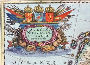 Kartusch från en karta över Sverige, Norge och Danmark, 1631 (färgstick) av Henricus Hondius II