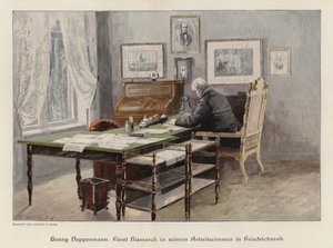 Otto von Bismarck i hans arbetsrum i Friedrichsruh, Tyskland (färgad gravyr) av Henriette Deppermann