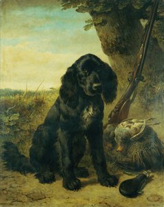 En platt belagd retriever vid ett träd (olja på duk) av Henriëtte Ronner Knip