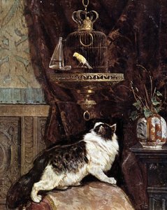 Katt som spionerar på en fågel i en bur - av Henriette Ronner av Henriëtte Ronner Knip