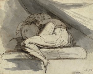 Kvinna som sitter, uppkrupen, efter 1778 (Blyertspenna, penna, brunt bläck och grått tvätt)